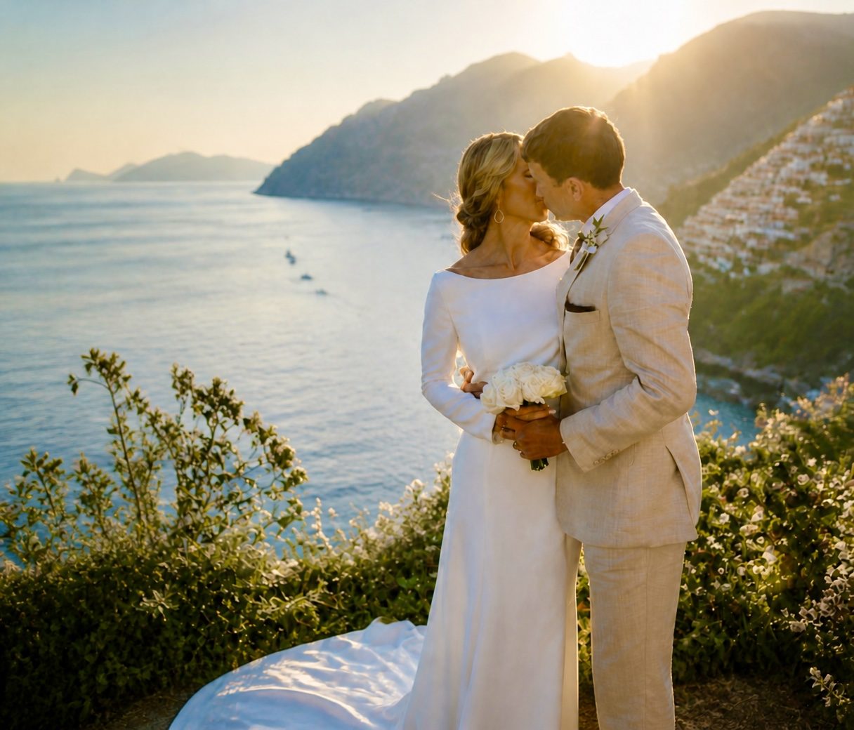 Julie and Jesse sharing a kiss on a clifftop above the sea at golden hour